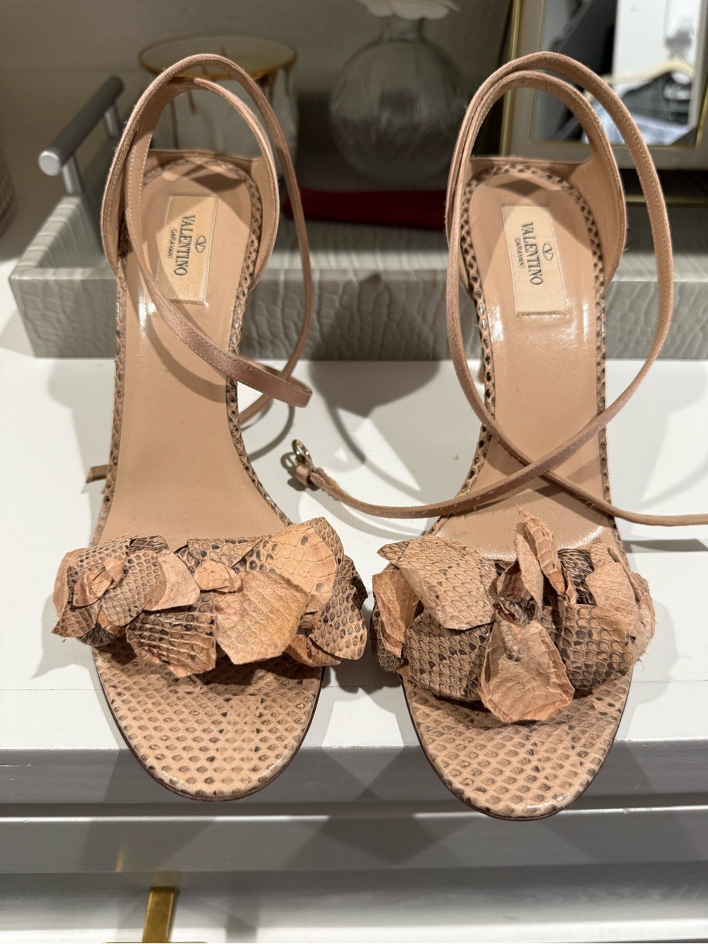 Valentino Garavani Vintage Pink Beige Sneakskin Satin Sandals